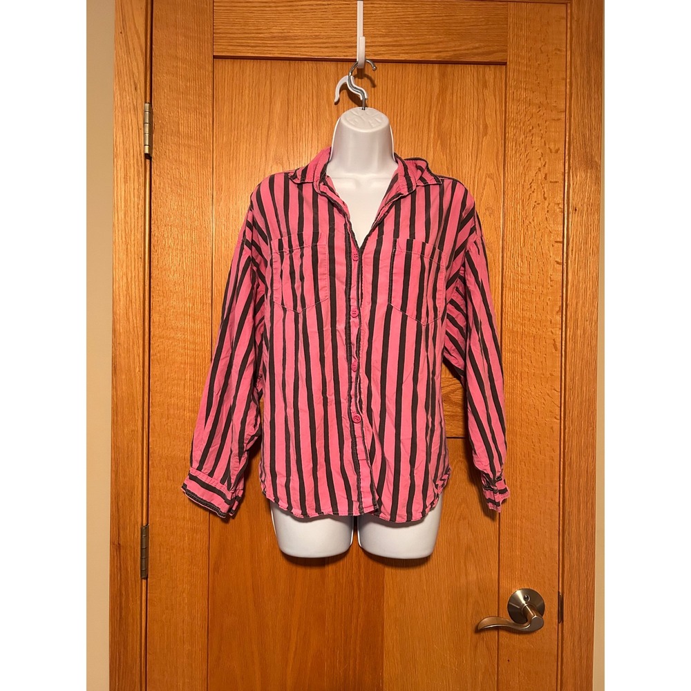 Vintage Natural Co. Pink Grey Striped Cotton Button Down Shirt Size Large